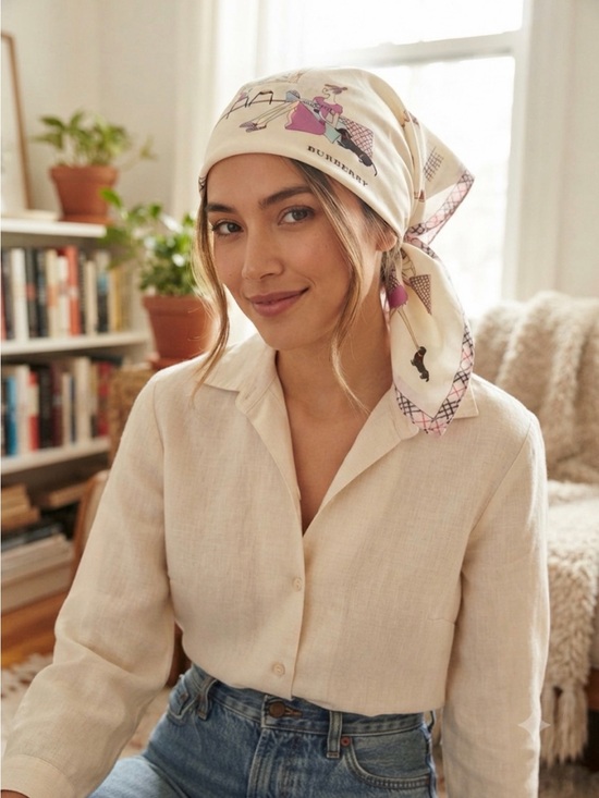Burberry Accessories - Burberry Cream Silk Scarf with Pink & Black Print